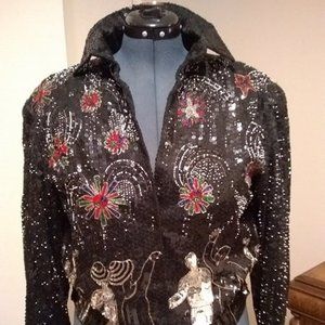 Rare "Just Fabulous NYC" Black Sequin Biker Bomber Jacket Fireworks Design